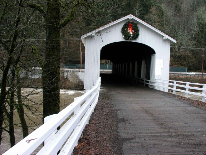 You cross this cool covered bridge