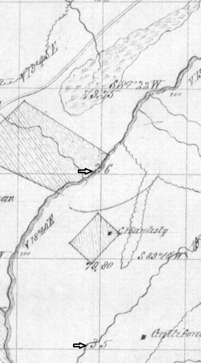 One of the original surveys from the 1800s showing the Hardesty and Gulliford homesteads.